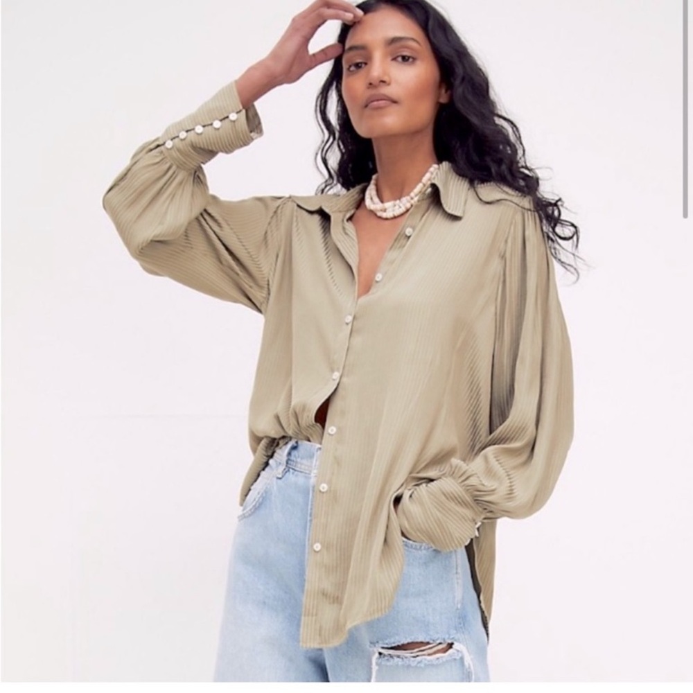 Free People Serena Silky Pinstripe Button-Down Shirt Oversized Romantic Dainty